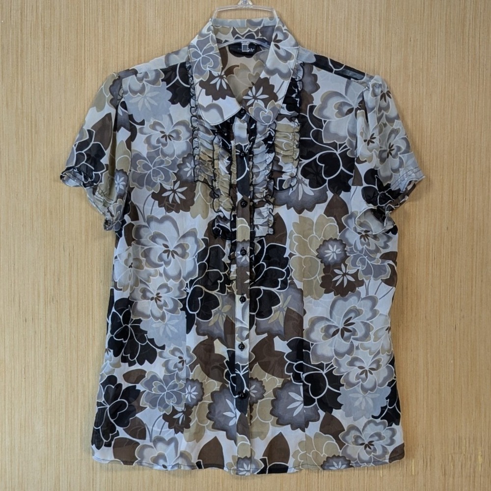 East 5th Women Y2K Retro Sheer Brown Floral Ruffle Button Up Blouse Large Office
